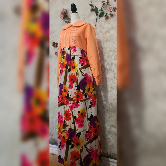 Yes Honey ? - 1970s Floral and Coral Peter Pan Collared Maxi Dress - Picture 5 of 6